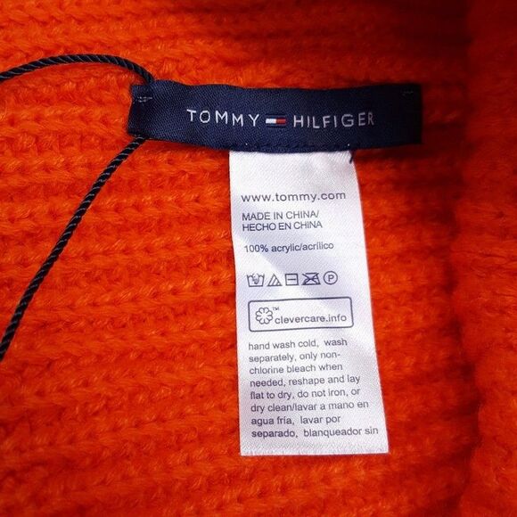 TOMMY HILFIGER Mens Beanie Hat Orange Shaker Cuff Logo Ghost Patch - Picture 3 of 5